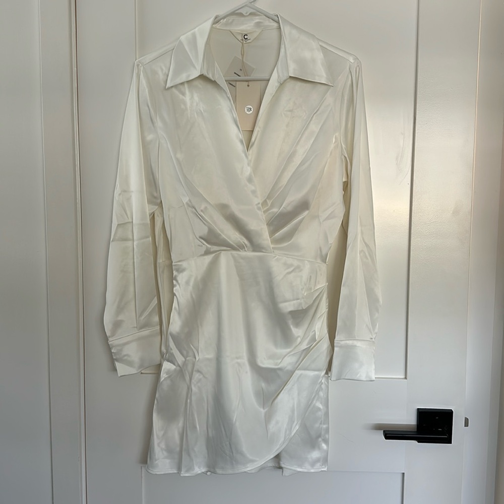 NWT Commense White Satin Long Sleeve Dress XS